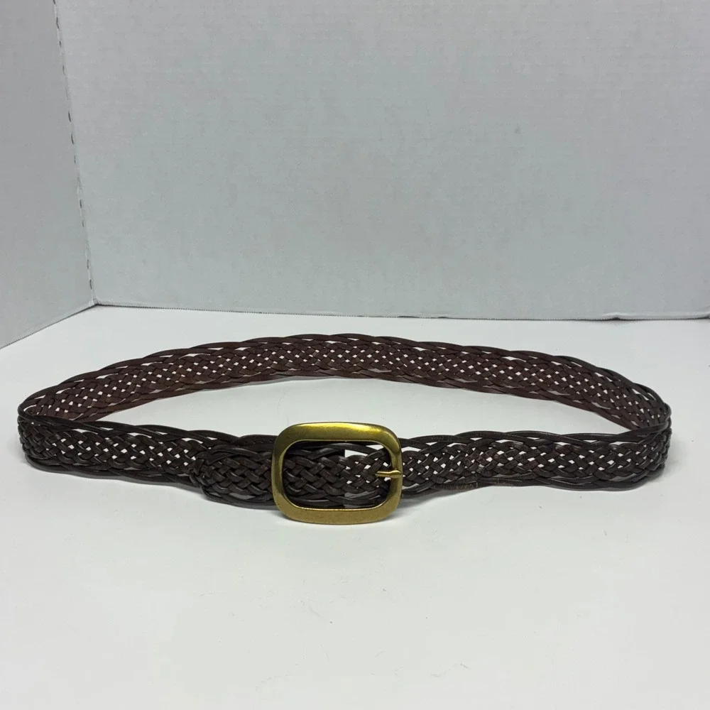 New York & Co. Braided Belt Womens M/L Brown Bonded Leather Woven Gold Buckle